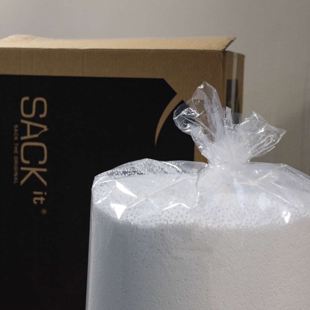 Box of 350 L refill EPS beads for bean bag chair, white small round beads in packaging