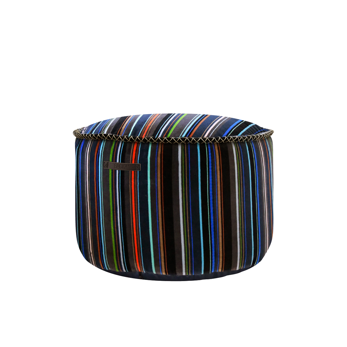 Round pouf with multi-colored linear Paul Smith design in cotton fabric on white background