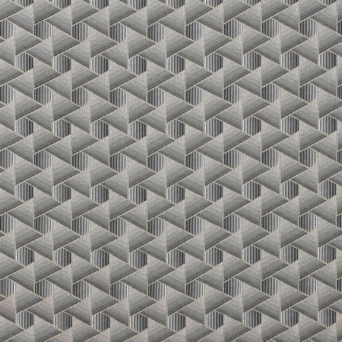 Black geometric jacquard fabric pouf with linen stitches and round shape on a white background