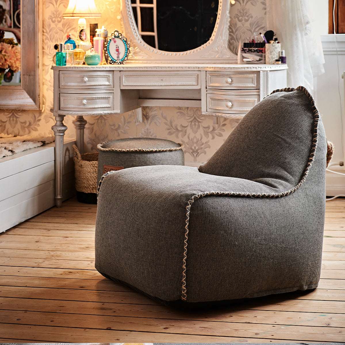 Cobana Junior Lounge Chair in grey, indoor and outdoor bean bag for kids with a cozy shape