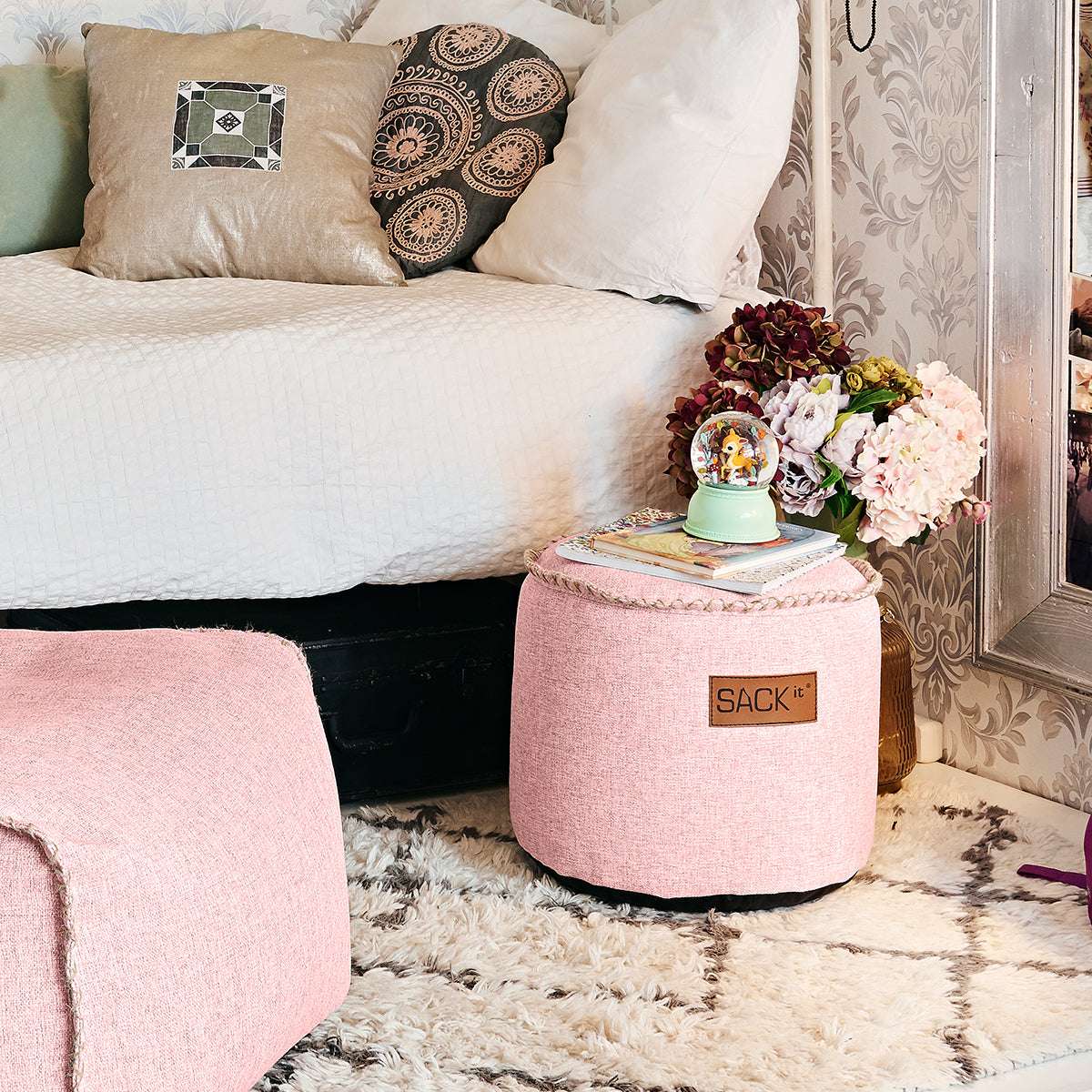Cobana Junior Pouf in Cobana Sand Melange color, round indoor and outdoor kids pouf with soft fabric texture.