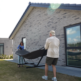 Cobana Grey hammock with black powder-coated aluminum frame displayed outdoors