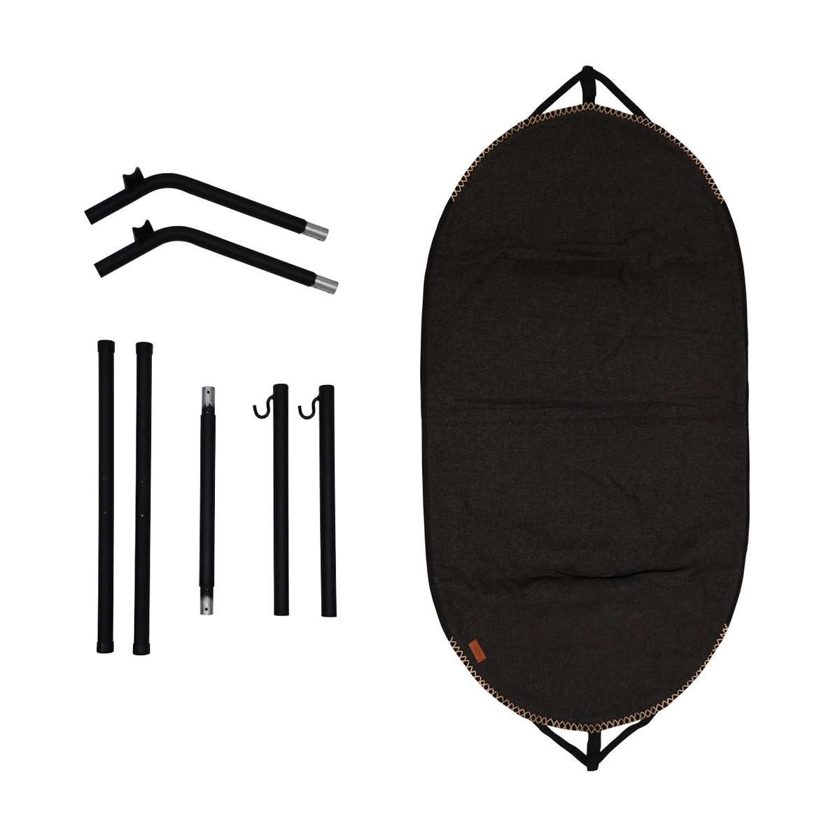 Cobana Hammock in grey fabric with black aluminum frame standing on white background.