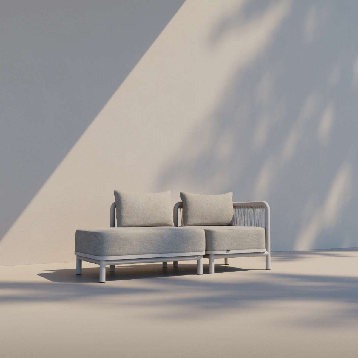 Kirra Lounge Sofa open end right in Kirra Sand with powder-coated aluminum frame and Olefin textile cushions outdoors