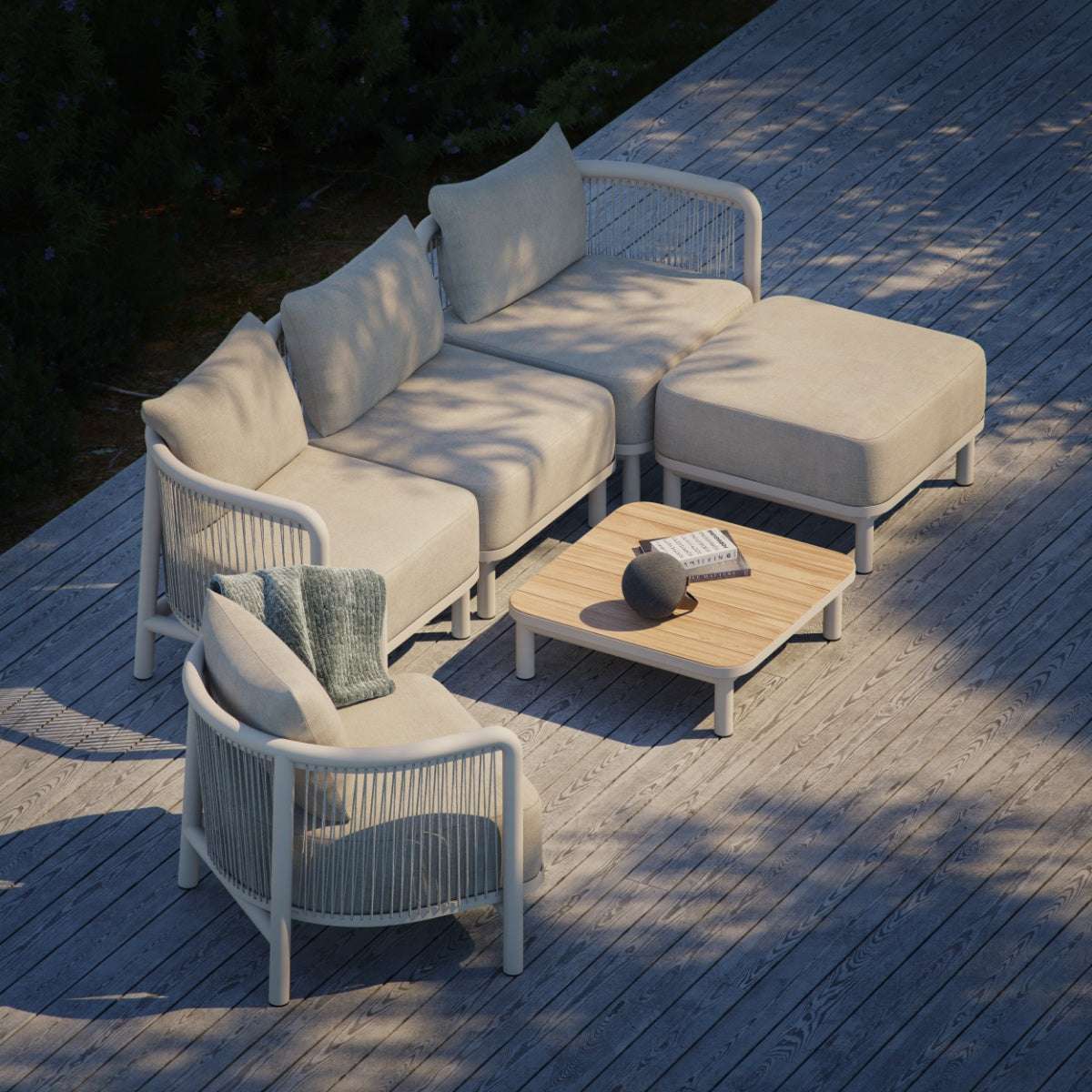 Taupe Kirra Side Table with teak wood top and powder-coated aluminum frame for outdoor use.