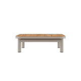 Taupe Kirra Side Table with teak wood top and accessory fit, outdoor coffee table with powder-coated aluminum frame