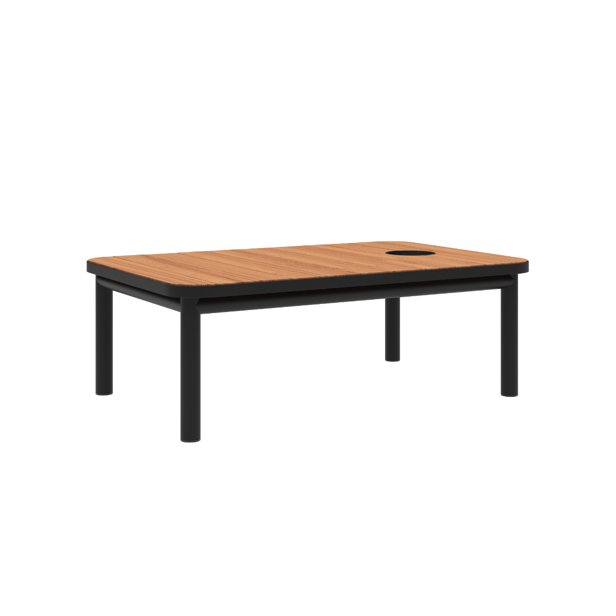 Noir Kirra Coffee Table with accessory fit, powder-coated aluminum frame and teak wood top.