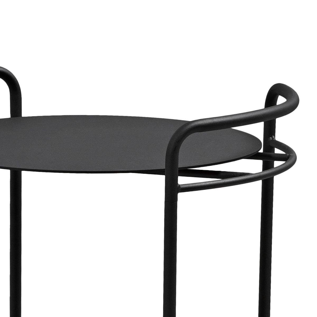 Matte powder-coated stainless steel outdoor patio serving table with curved rods and flat top, Danish design.