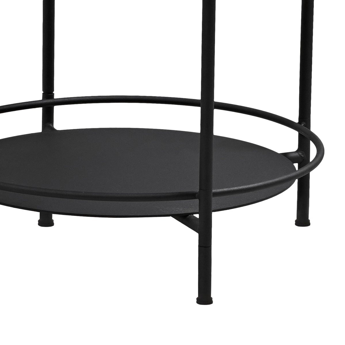 Round stainless steel outdoor patio serving table with matte powder-coated finish and curved steel rods