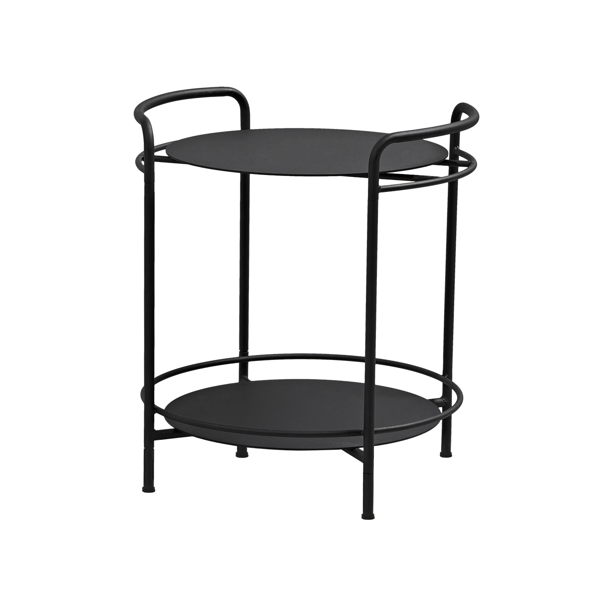 Round stainless steel outdoor patio serving table with matte powder-coated finish and curved legs