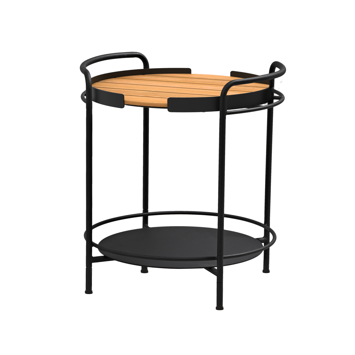 Matte black powder-coated steel outdoor patio serving table with teak wood serving tray on top
