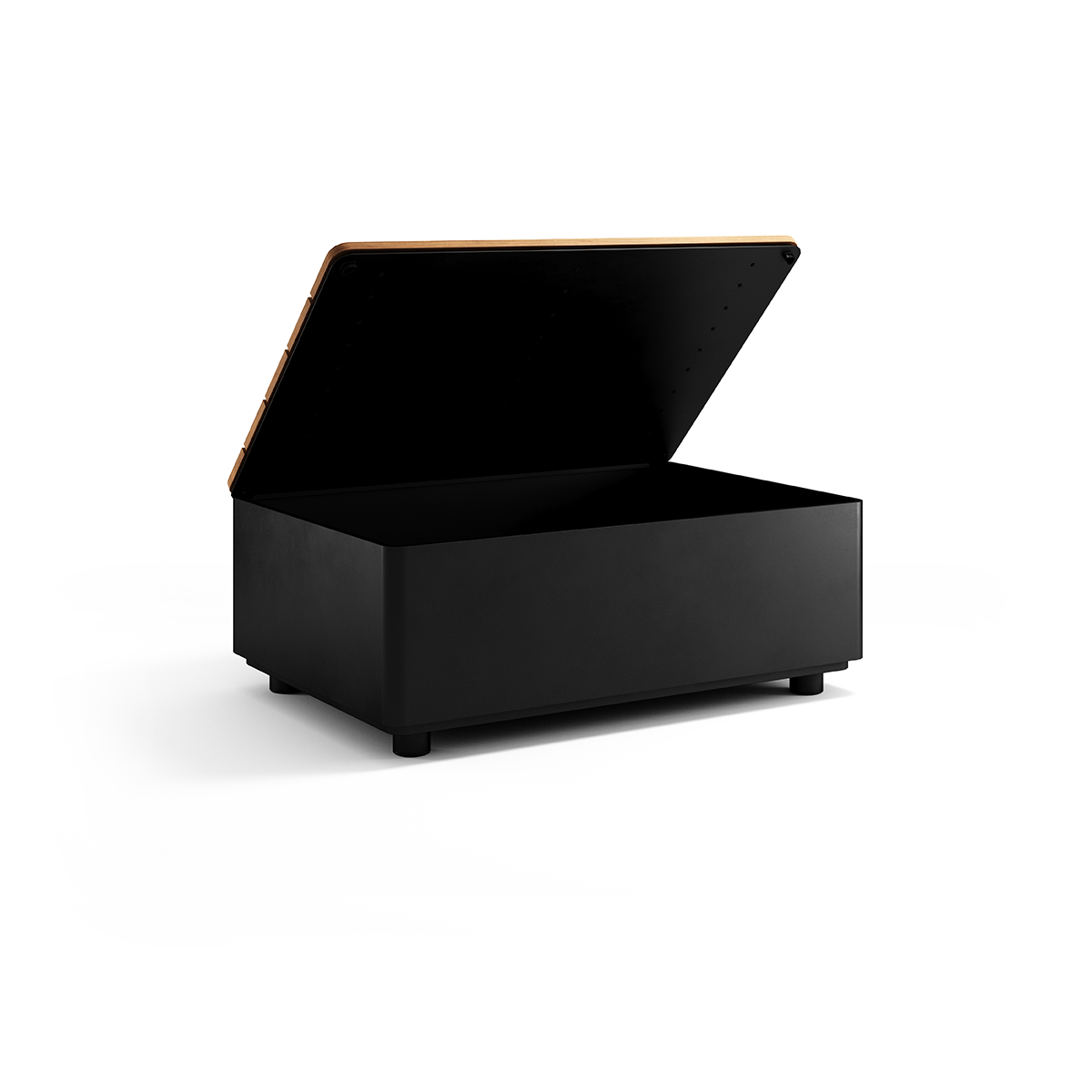 Black aluminum and teak Patio Storage Table with built-in storage, rectangular shape, modern design.