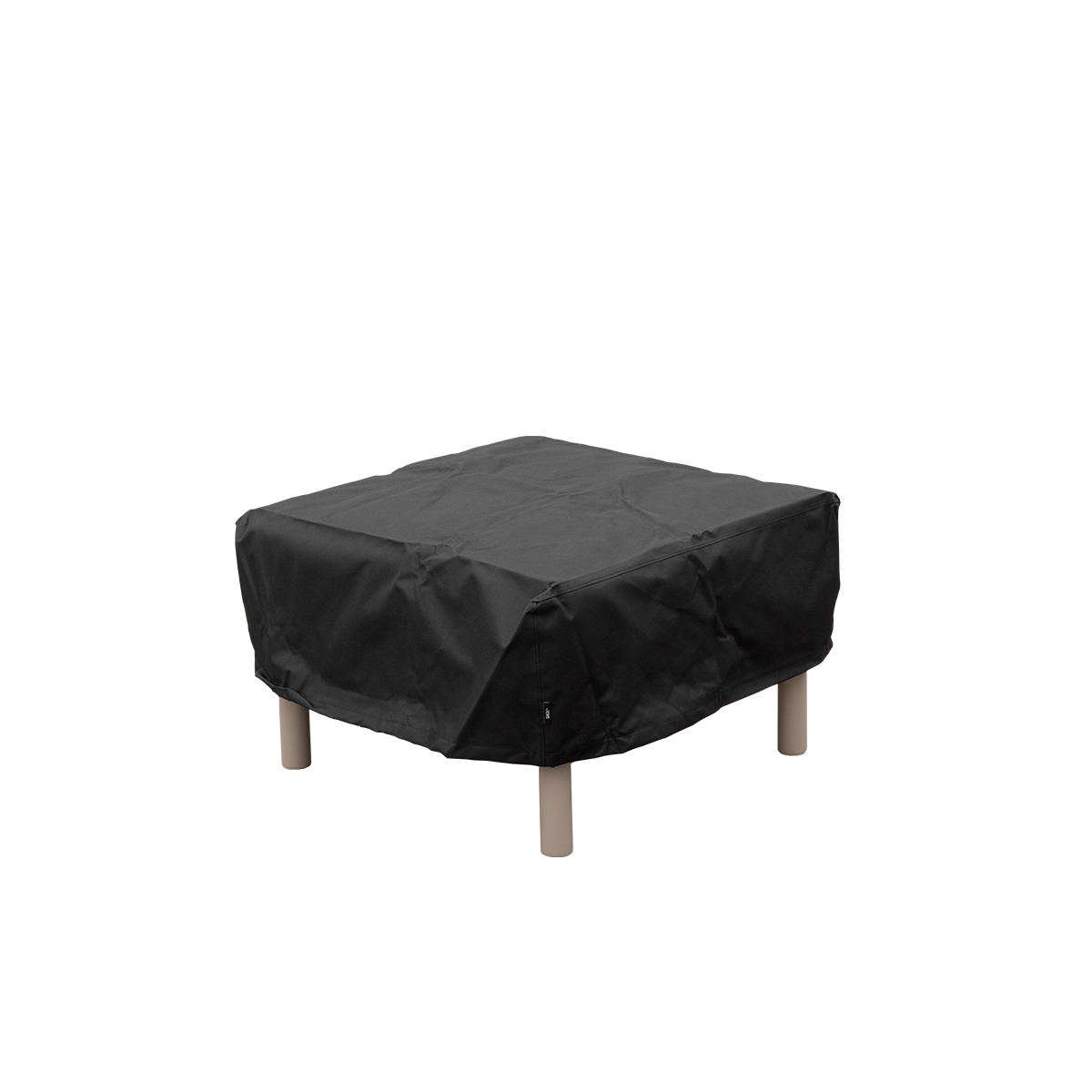 Black water repellent winter cover fitted over a Kirra pouf with exposed wooden legs by sackit