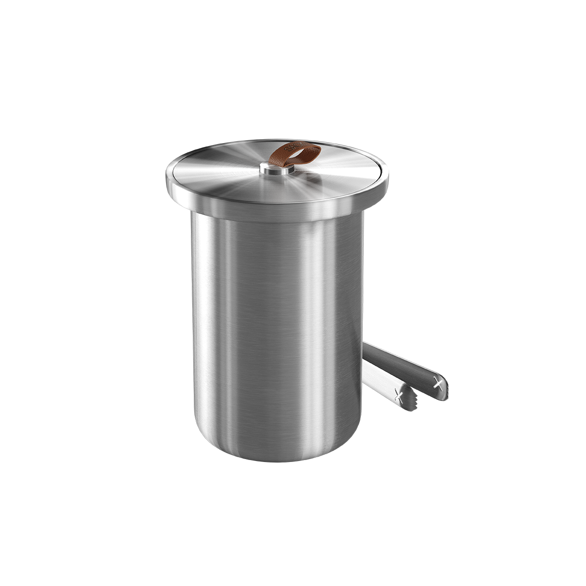 Satin polished stainless steel wine cooler with leather handle and included ice tong on white background