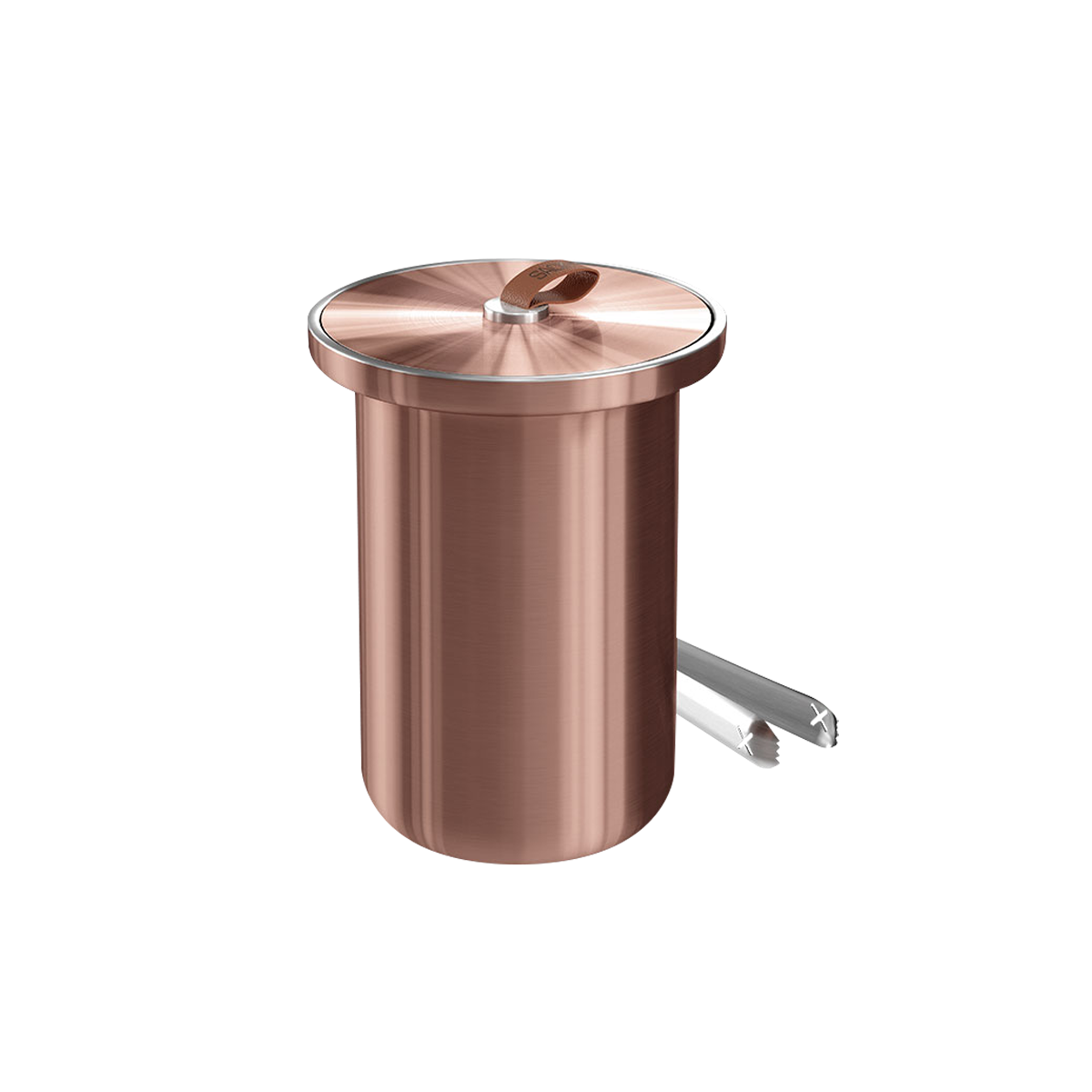 Copper-colored satin polished stainless steel wine cooler with leather handle and included lid and ice tong.