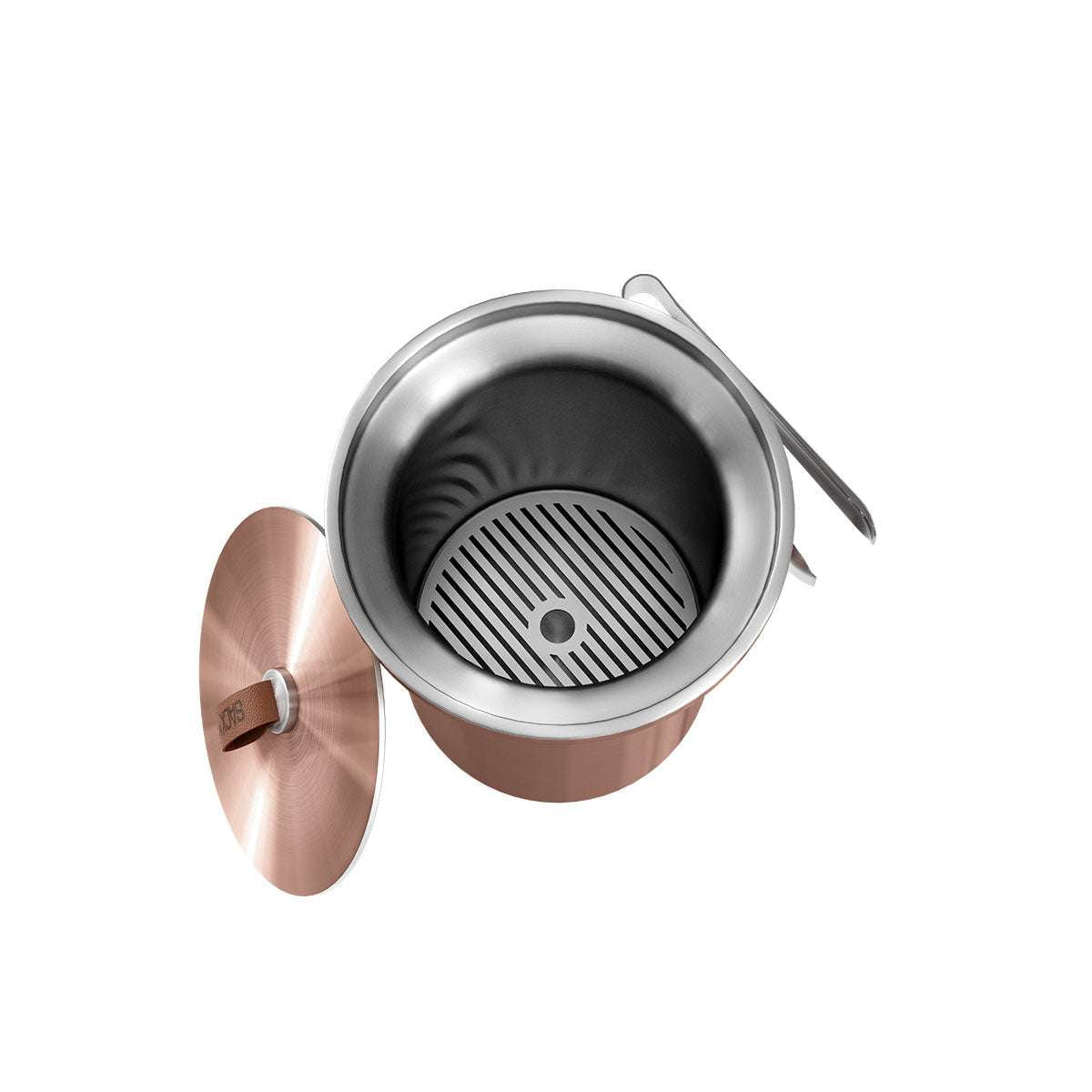 Copper-colored satin polished stainless steel wine cooler with leather handle and ice tong on white background