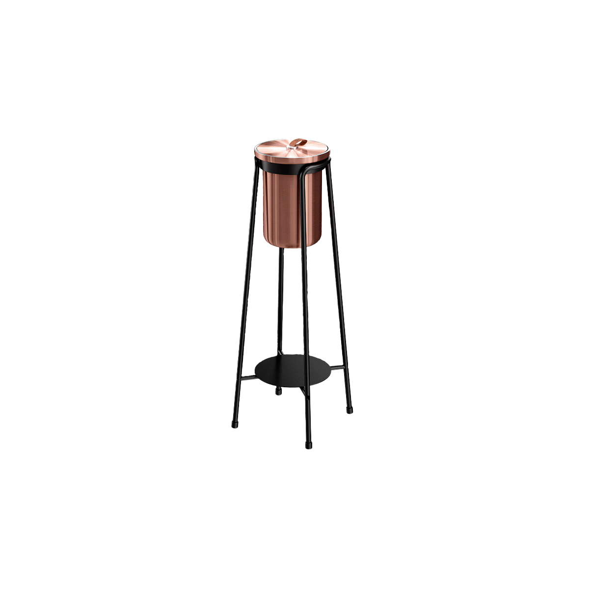 Copper-colored satin polished stainless steel wine cooler with leather handle and included ice tong.