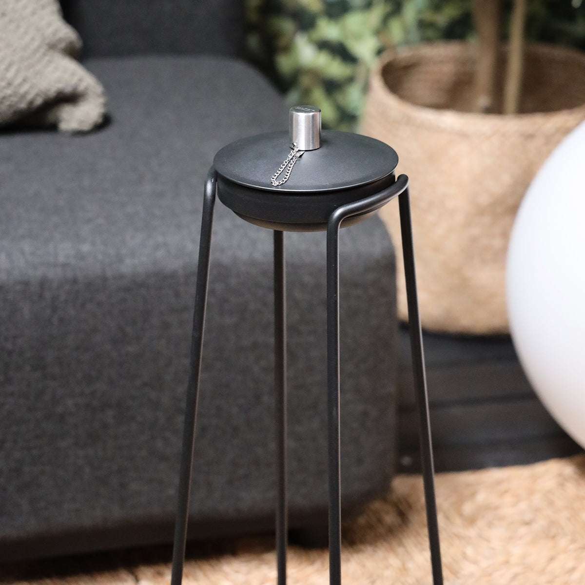 Black powder-coated stainless steel Patio Accessory Stand with simple, sturdy design for outdoor use.
