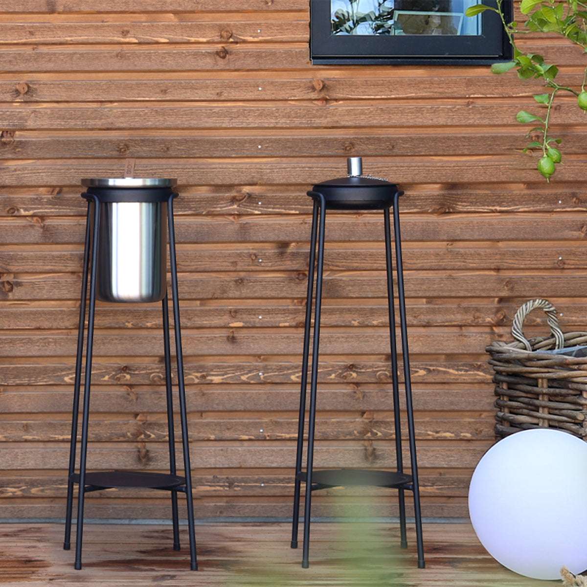 Stainless steel Patio Accessory Stand with Wine Cooler in simple geometric design outdoors