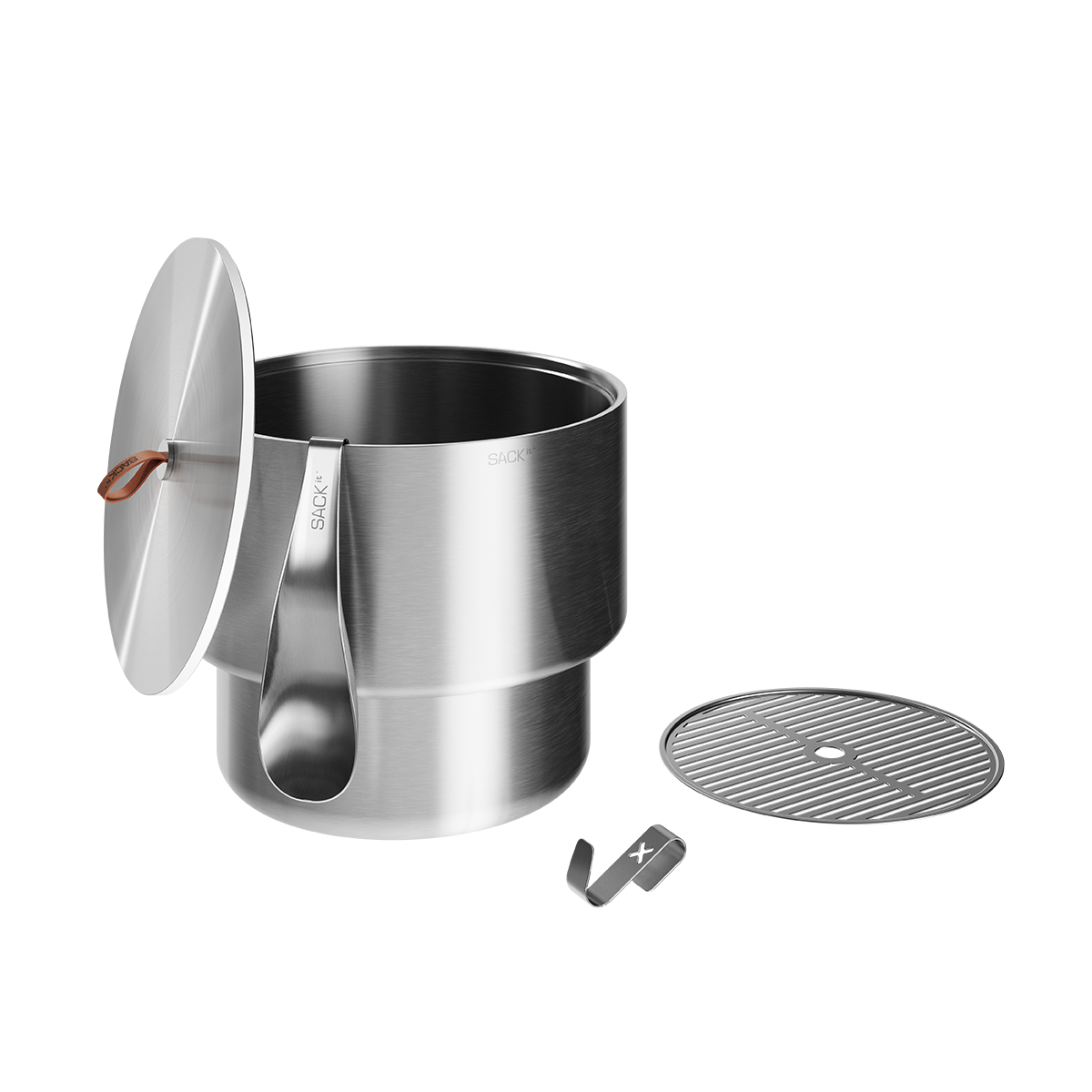 Stainless steel wine bucket accessories set including lid, hook, spoon, and grate with geometric design