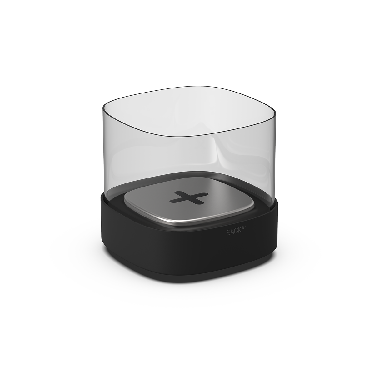 Black stainless steel SACKit Bio Lamp with heat-resistant glass and ethanol container on white background