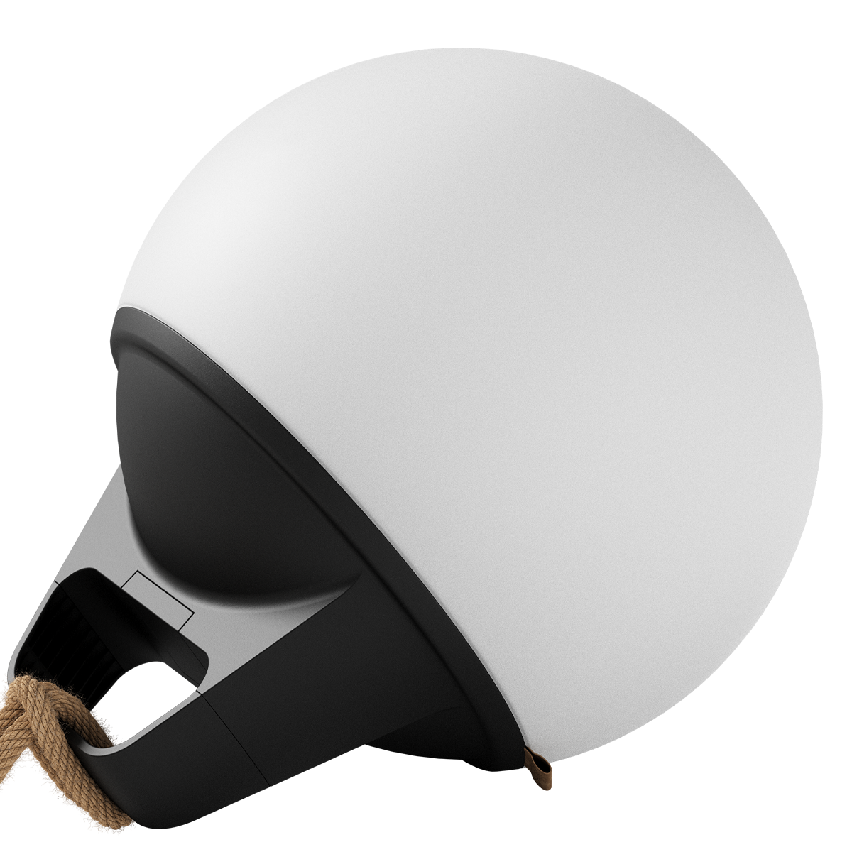 Round SACKit Light 350 outdoor lamp with white high-density polyethylene dome and hempen rope handle