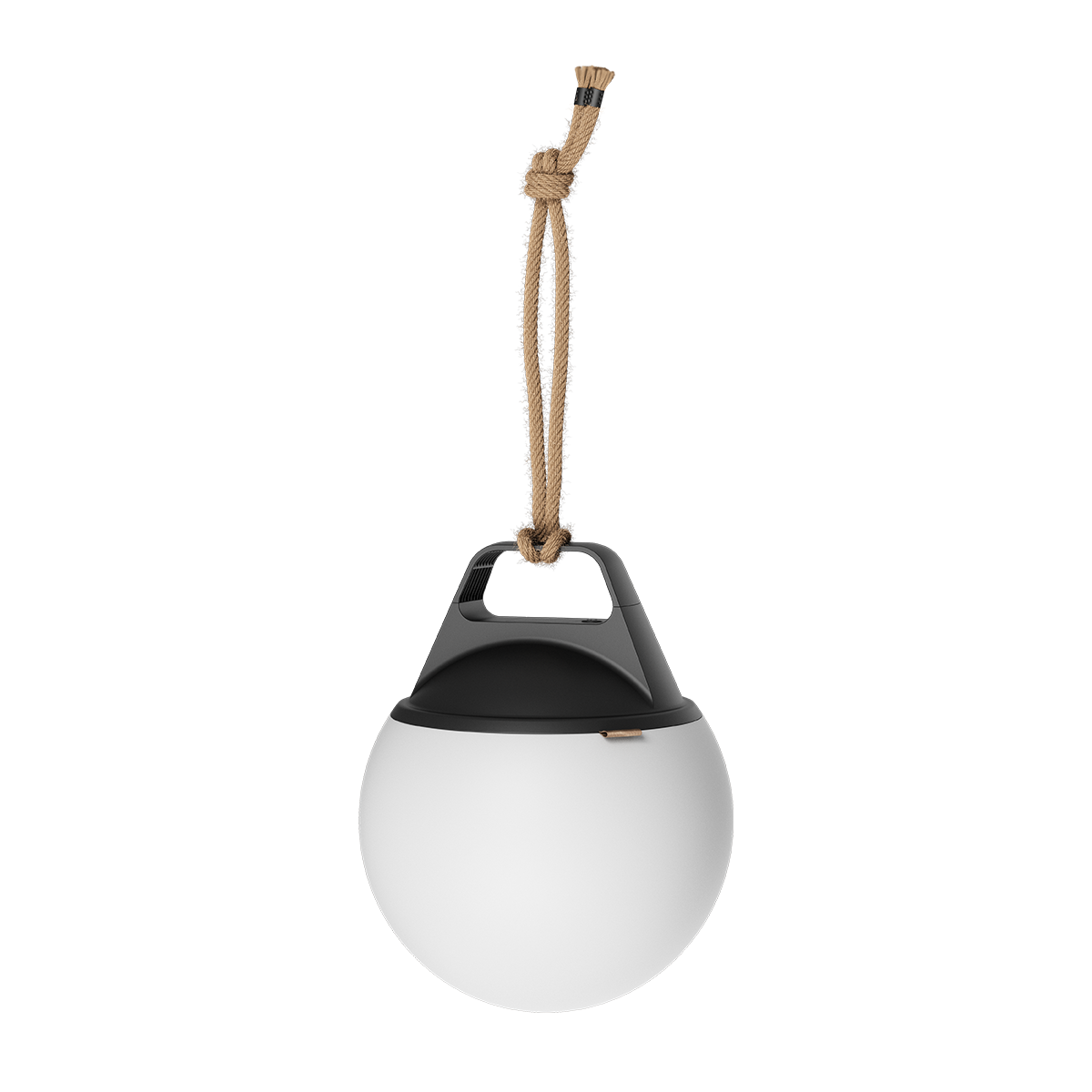 Round SACKit Light 350 outdoor lamp with white dome and hempen rope handle on white background