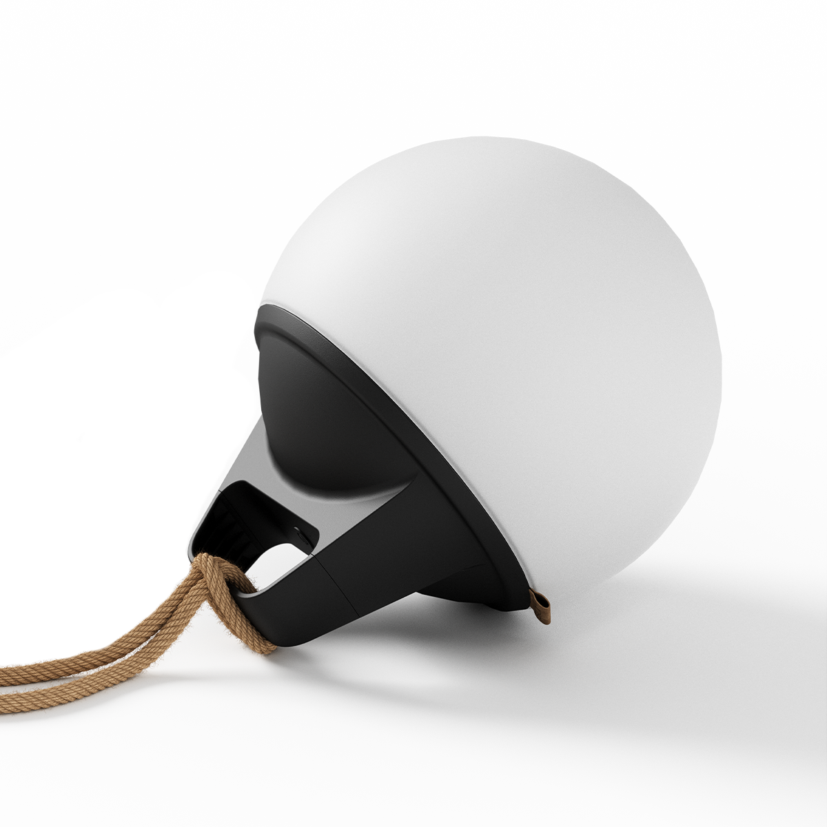 SACKit Light 250 outdoor lamp with round white dome and hempen rope handle on white background