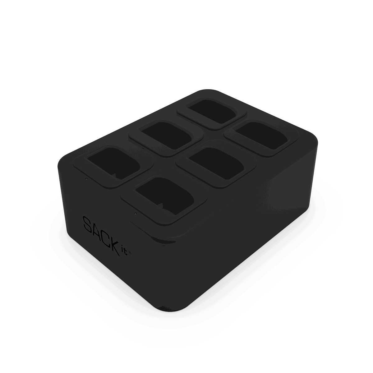 Compact white ABS-plastic battery charging station with six slots and a power cable attached