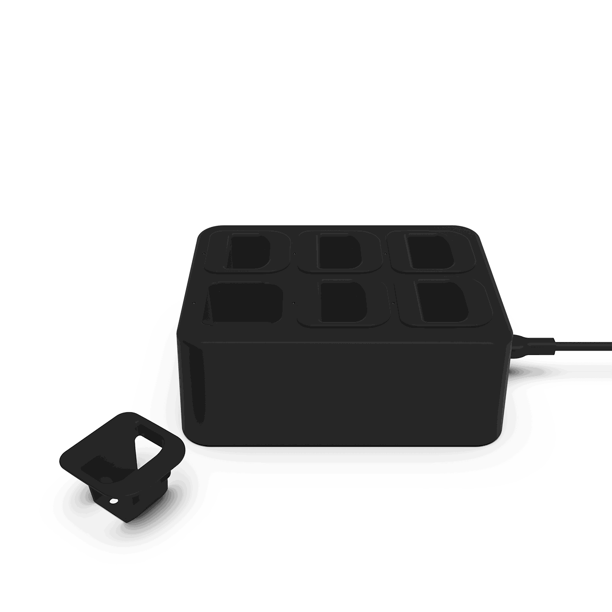 Black ABS-plastic Battery Charging Station with six charging spots and a 1.5m cable with EU plug