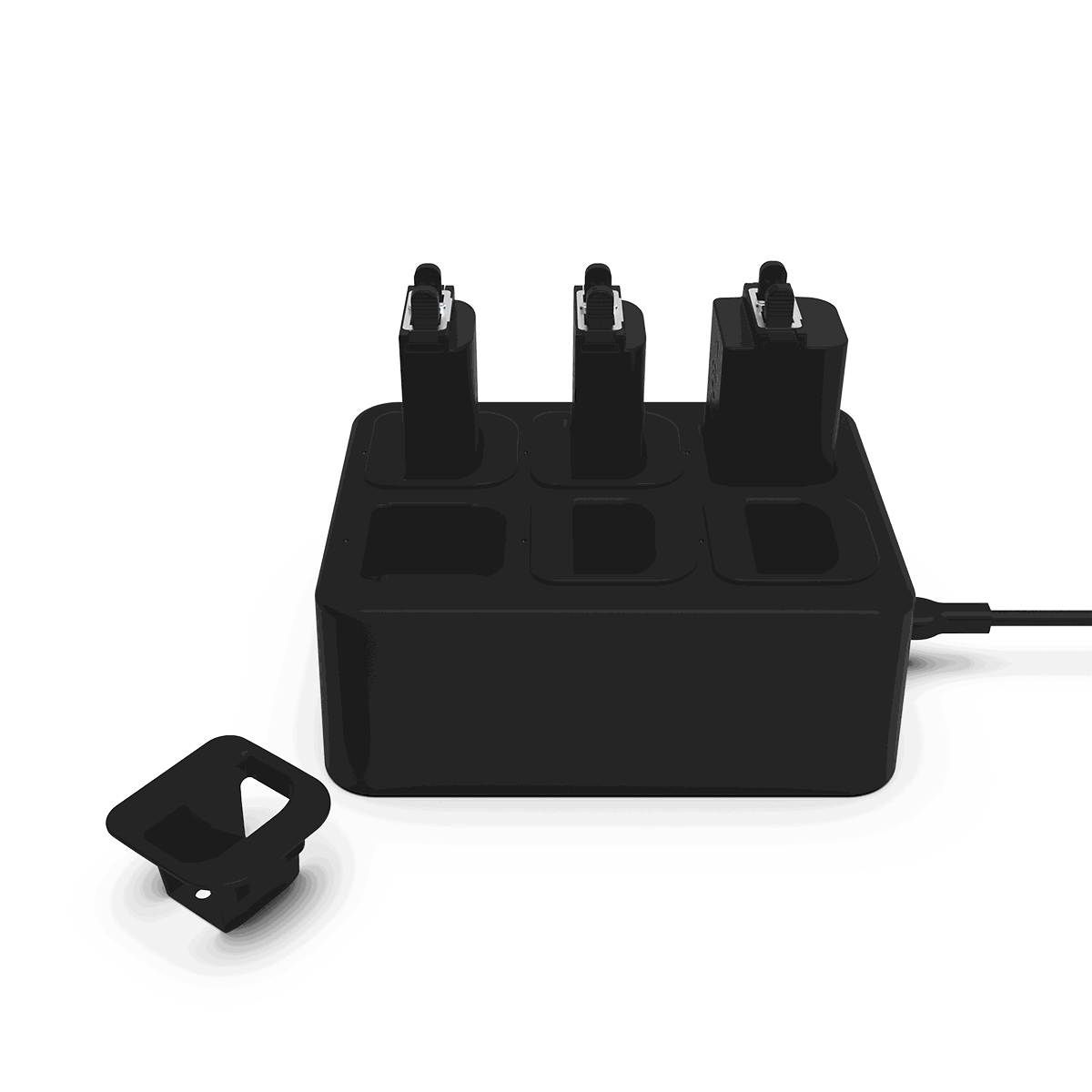 Black ABS-plastic Battery Charging Station with six slots and a 1.5m EU plug cable