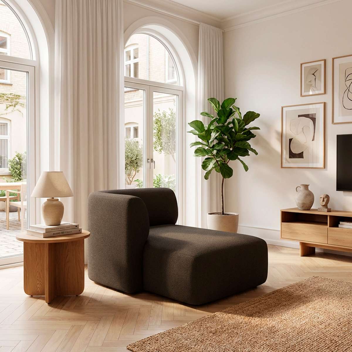 Dark brown Fjord chaise sofa with rounded arms in a bright Scandinavian living room with arched windows wood flooring and indoor greenery from sackit