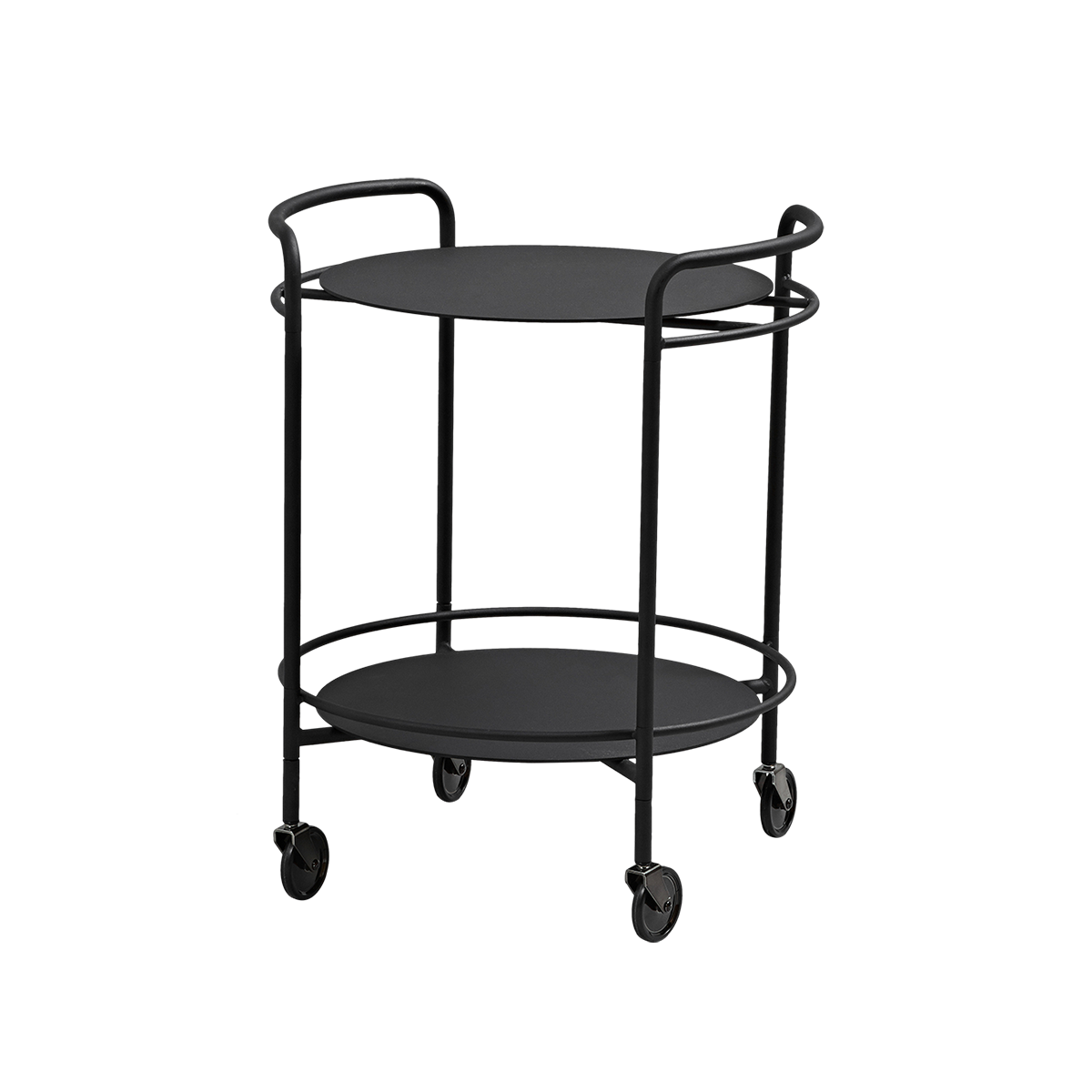 Matte black Nordic Serving Table with curved steel rods and four wheels on a white background