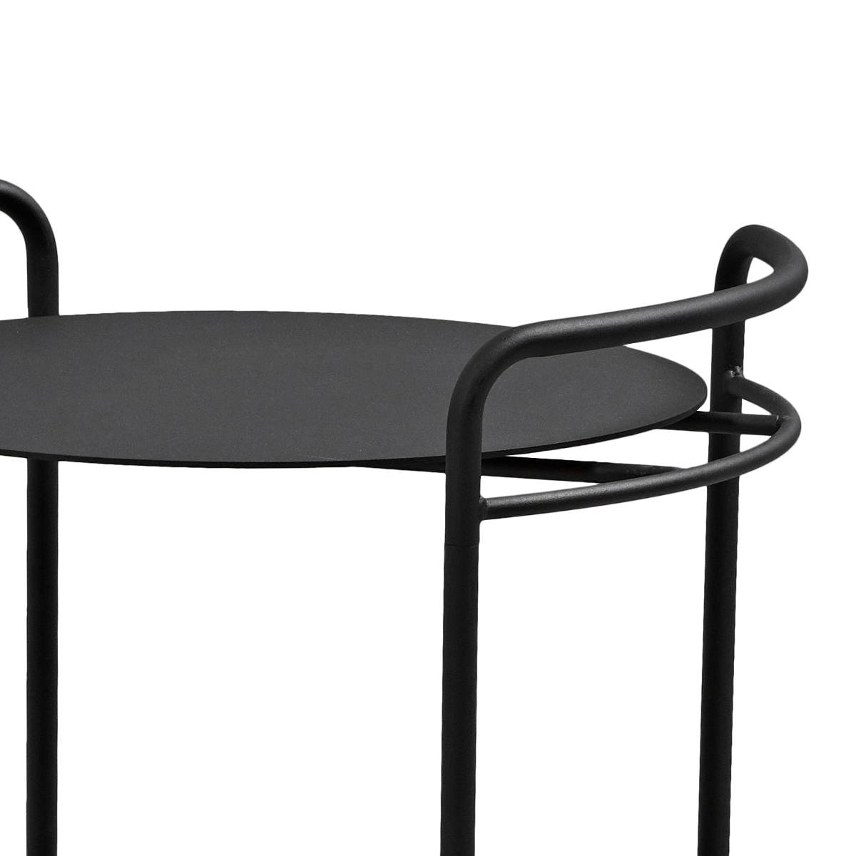 Matte black powder-coated steel Serving Table with four wheels and minimalist design on white background