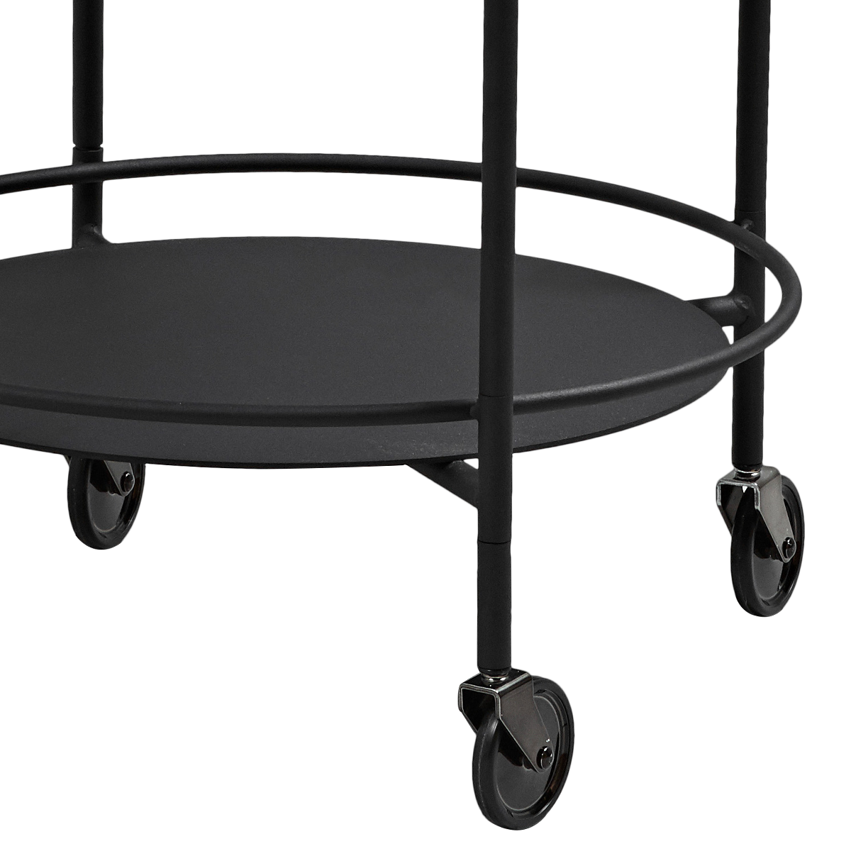 Matte black powder-coated steel Serving Table with four wheels and minimalist design on white background