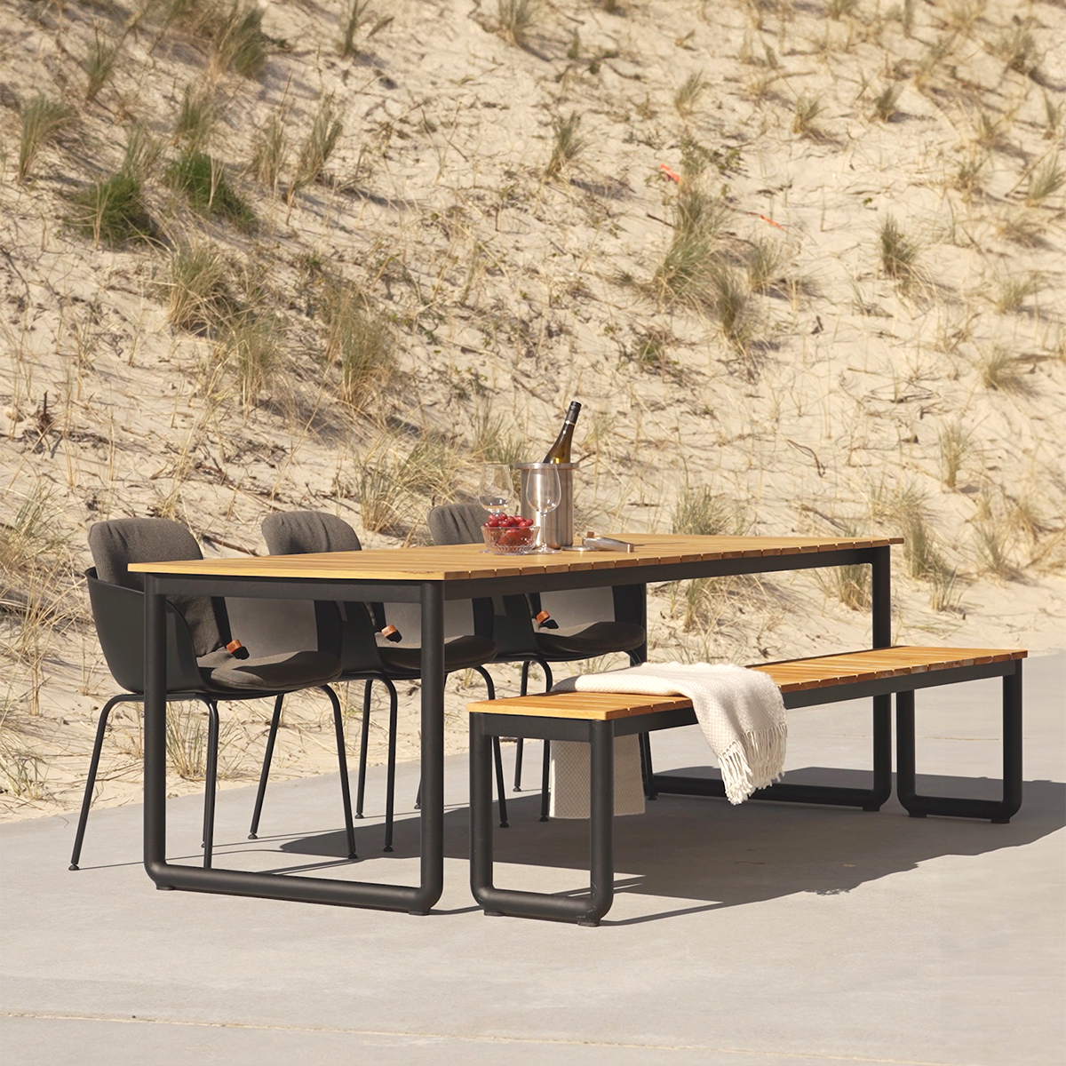 Taupe and black Patio Chair no. One S2 with powder-coated steel frame and full cushion outdoors