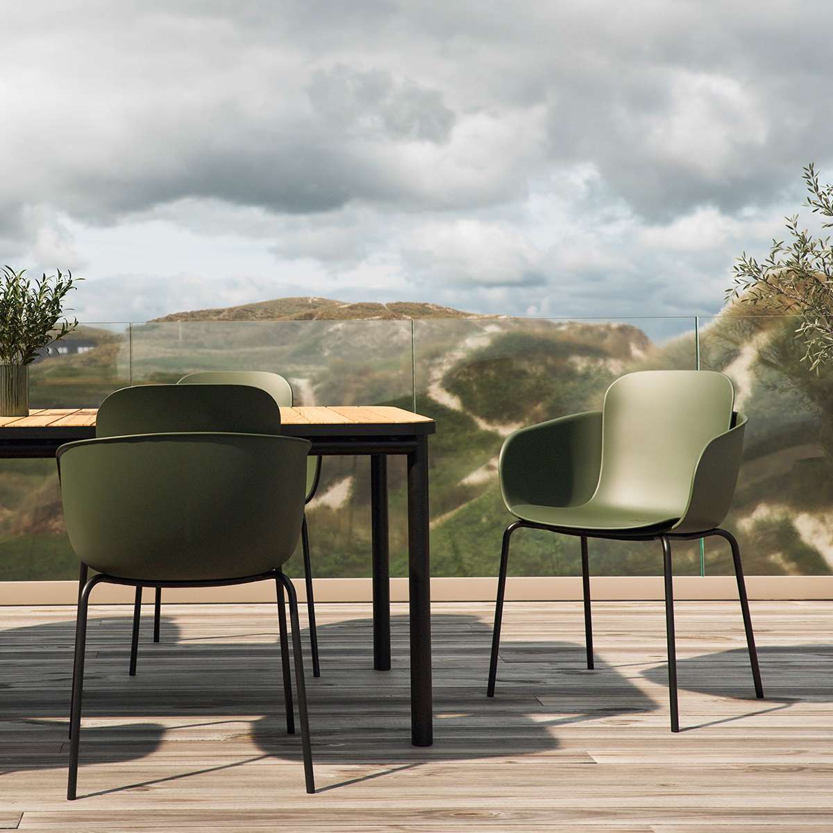 Olive and black Patio Chair no. One S2 with two-shell design and powder-coated steel frame outdoors