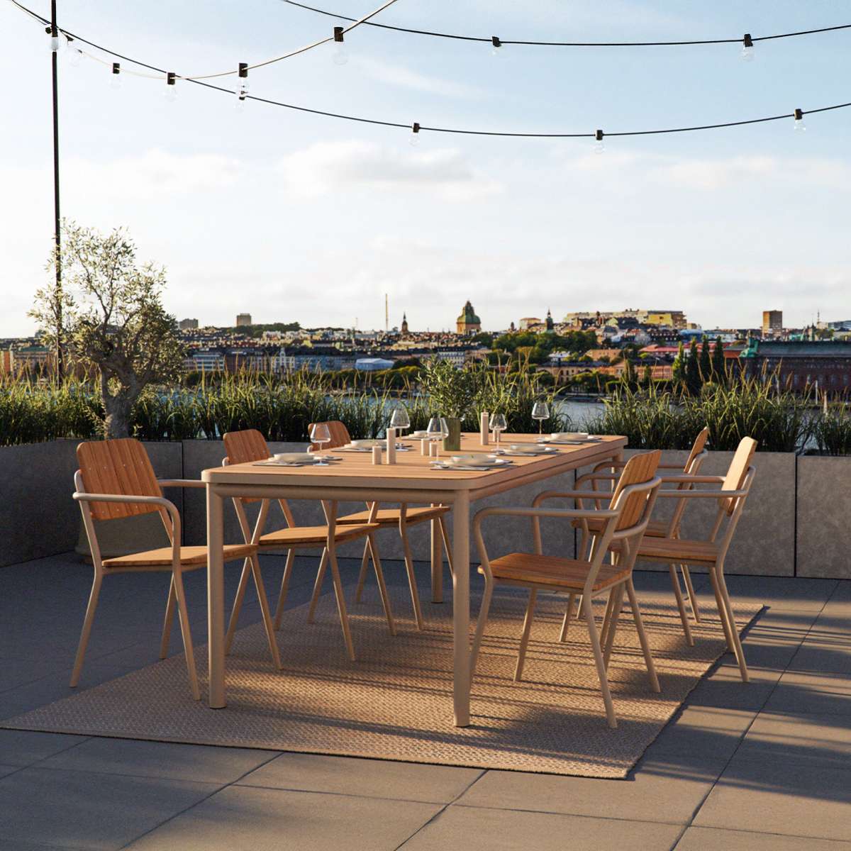 Kirra Dining Table 210x90 in taupe powder-coated aluminum and teak wood outdoors
