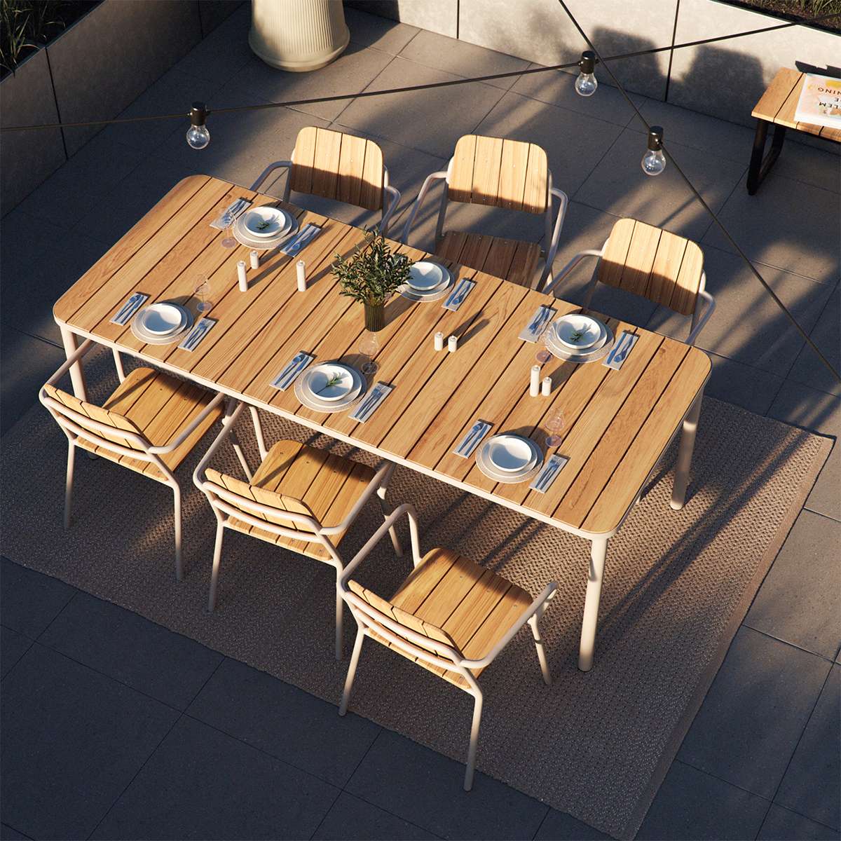 Taupe Kirra Dining Table 210x90 with teak wood top and powder-coated aluminum frame outdoors