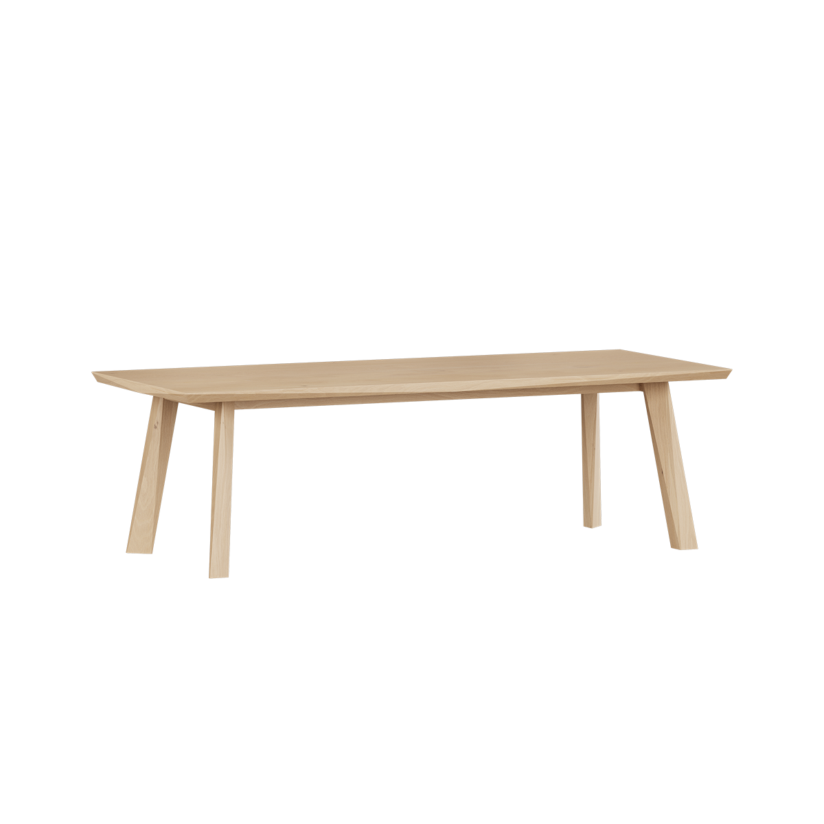 Rectangular European oak dining table with detailed facets, measuring 240x100 cm, indoors setting.