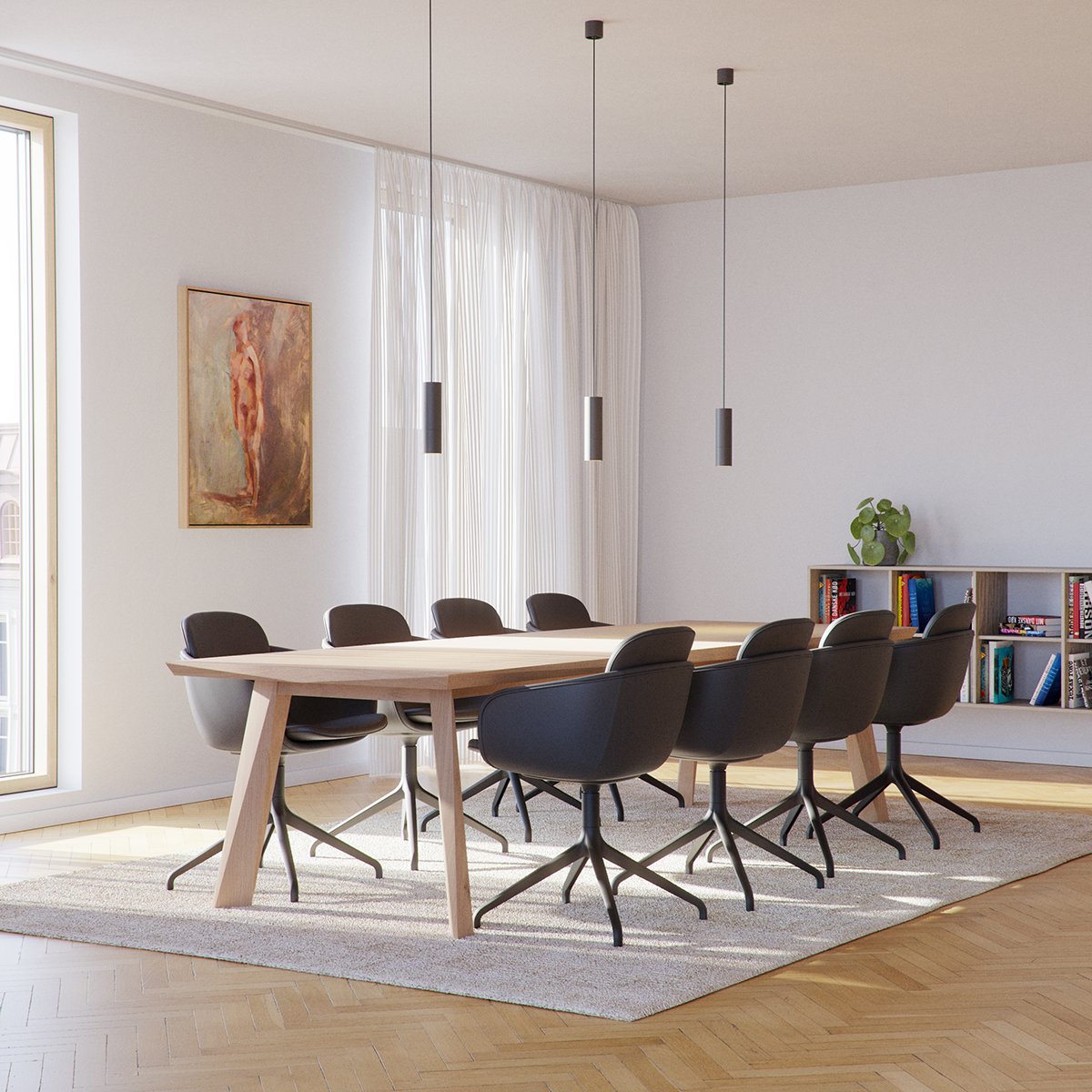 Terra Black Chair no. One S2 with black swivel base, upholstered in leather with double shell design