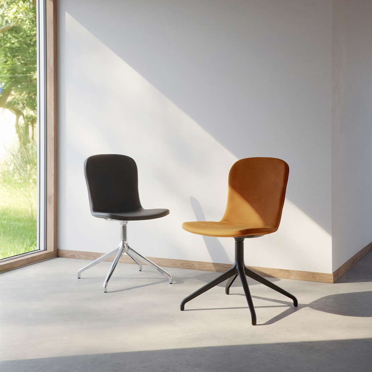 Terra Black Chair no. One S1 with polished swivel base and recycled plastic shell upholstered in leather