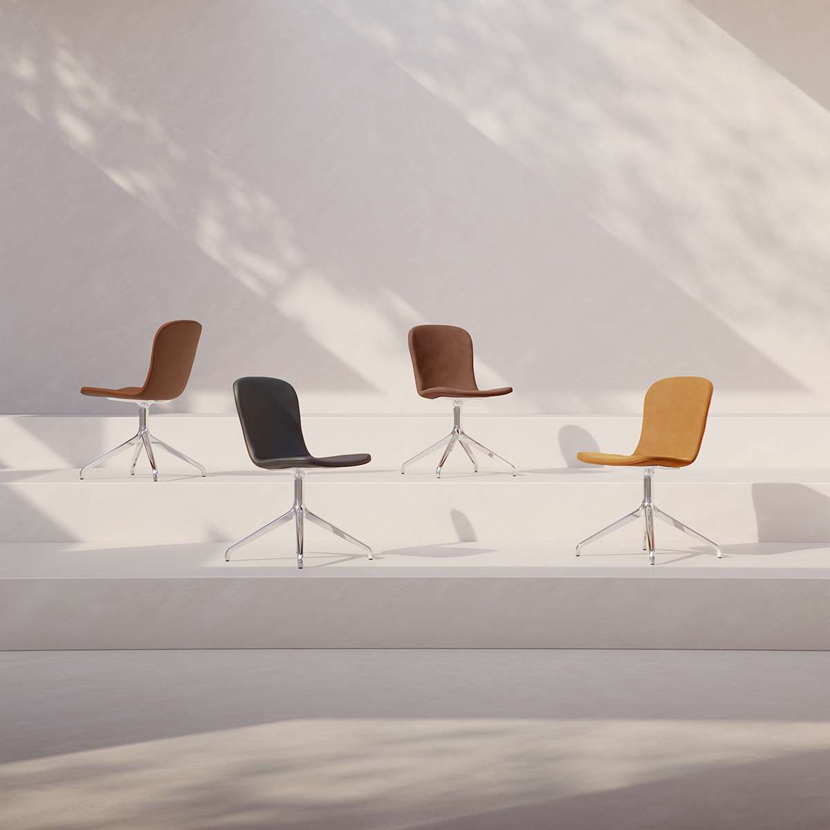 Chair no. One S1 swivel dining chair in Luna Sandstone leather with polished aluminum base.