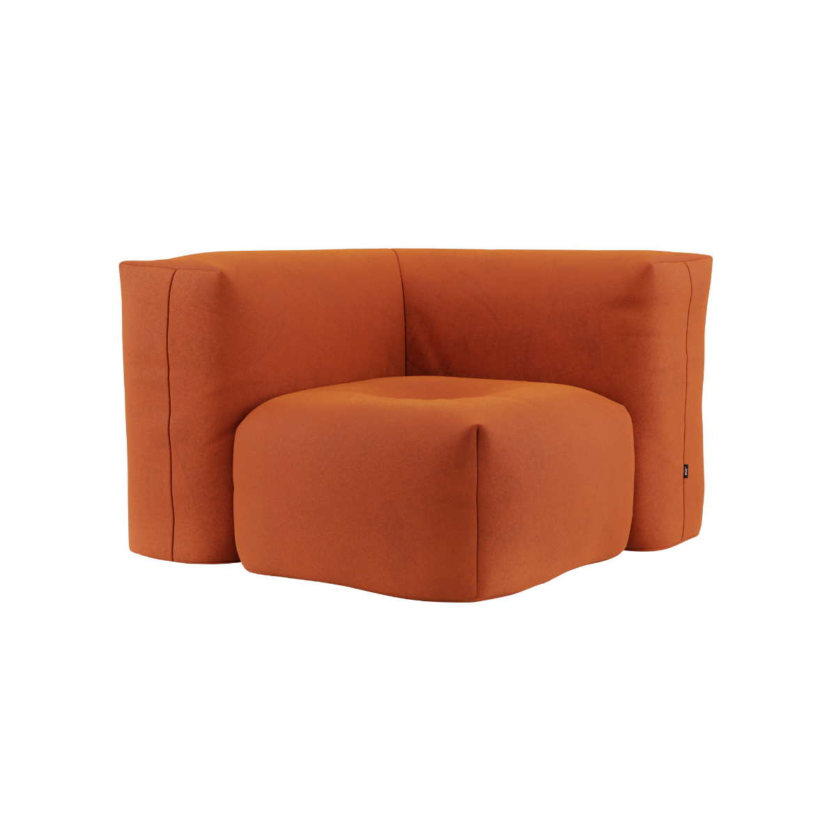Soft Sofa Indoor corner module in vibrant orange jaquard fabric with soft, rounded edges.