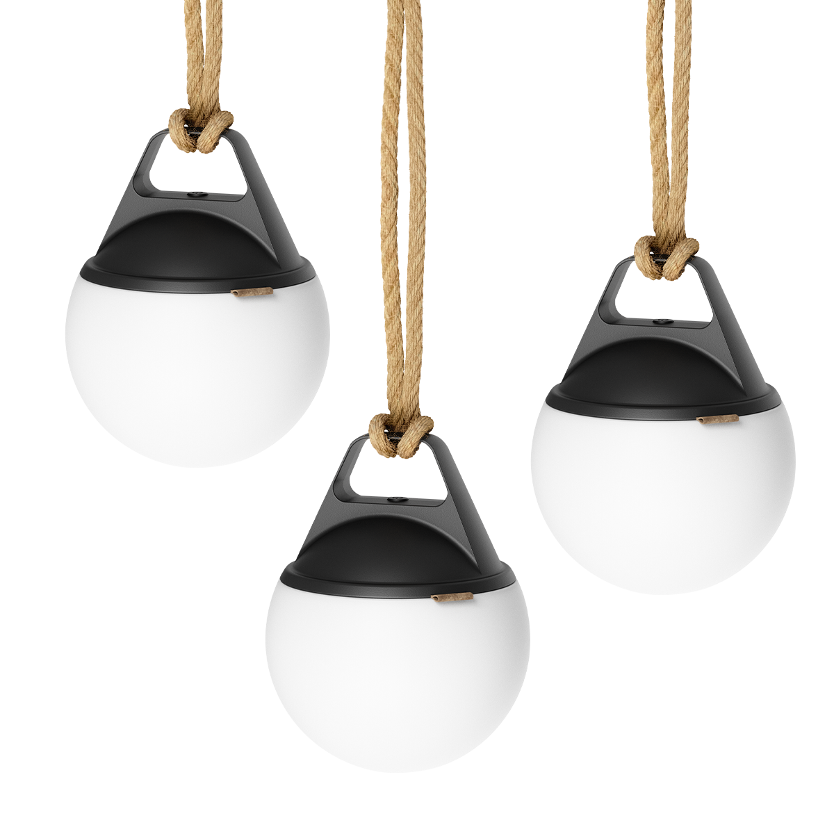 Three SACKit Light 155 outdoor lamps with white domes and hempen rope handles arranged together on a white background