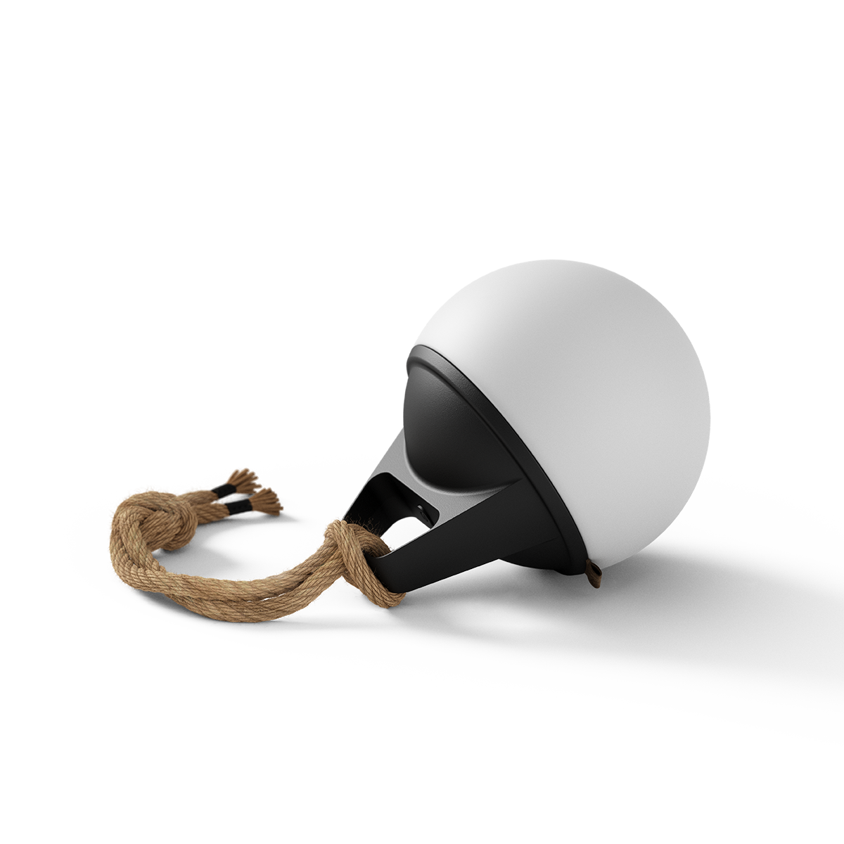 Three SACKit Light 155 outdoor lamps with a white dome and hempen rope handle shown side by side