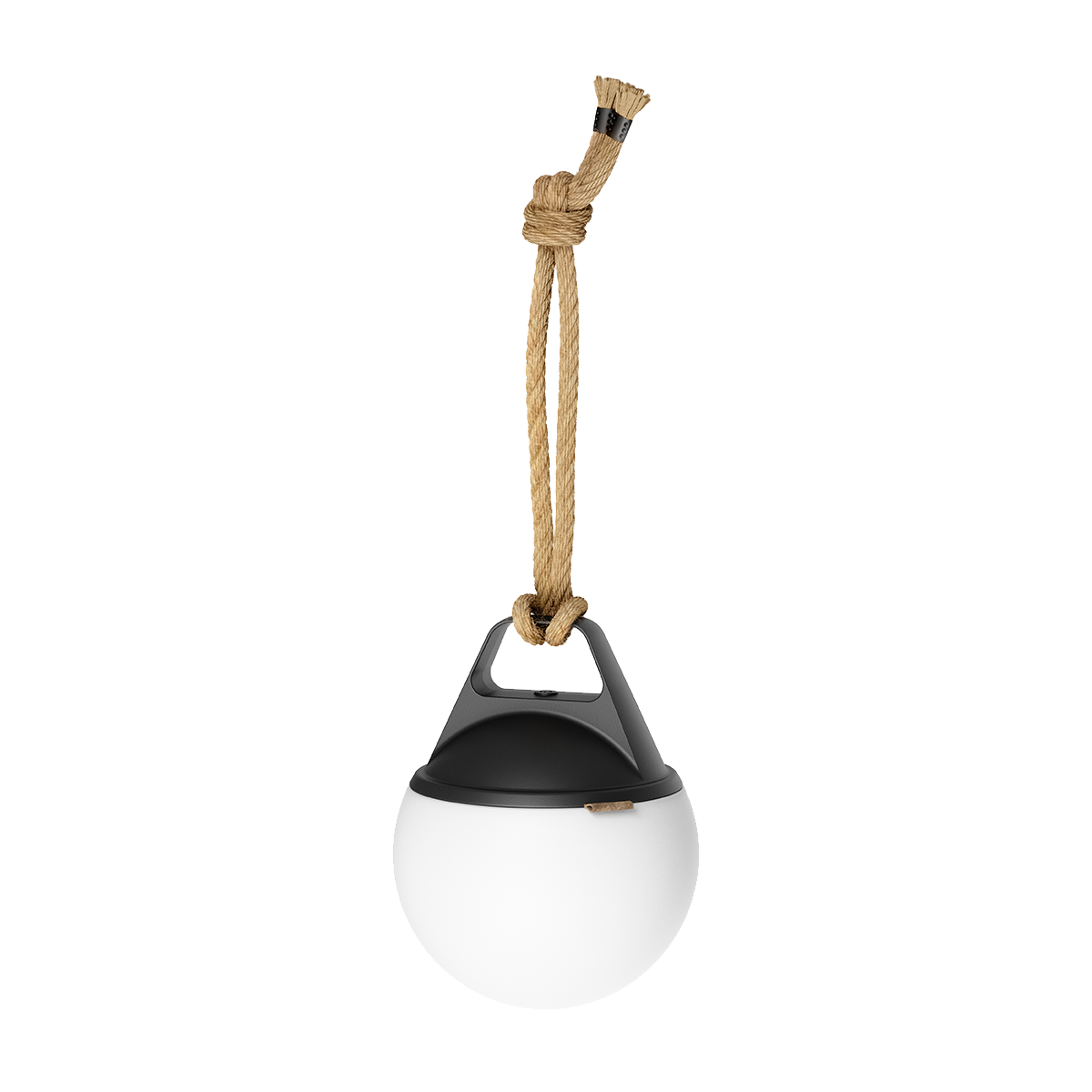 Three SACKit Light 155 outdoor lamps with dome shape and hempen rope handles arranged together.