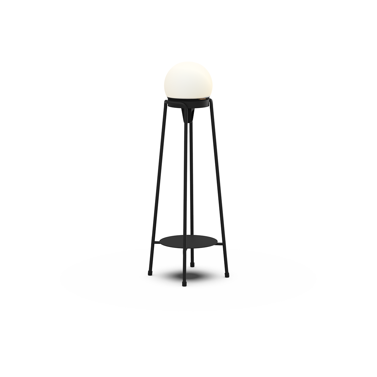 Black powder-coated stainless steel Patio Accessory Stand with a round Light 155 featuring a hempen rope handle