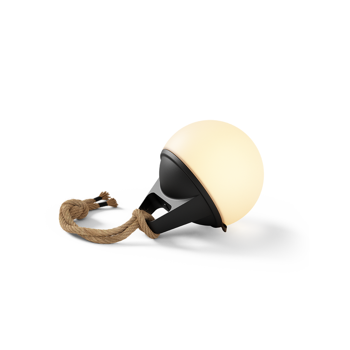 Black powder-coated stainless steel Patio Accessory Stand with a Light 155 featuring a white dome and hempen rope handle