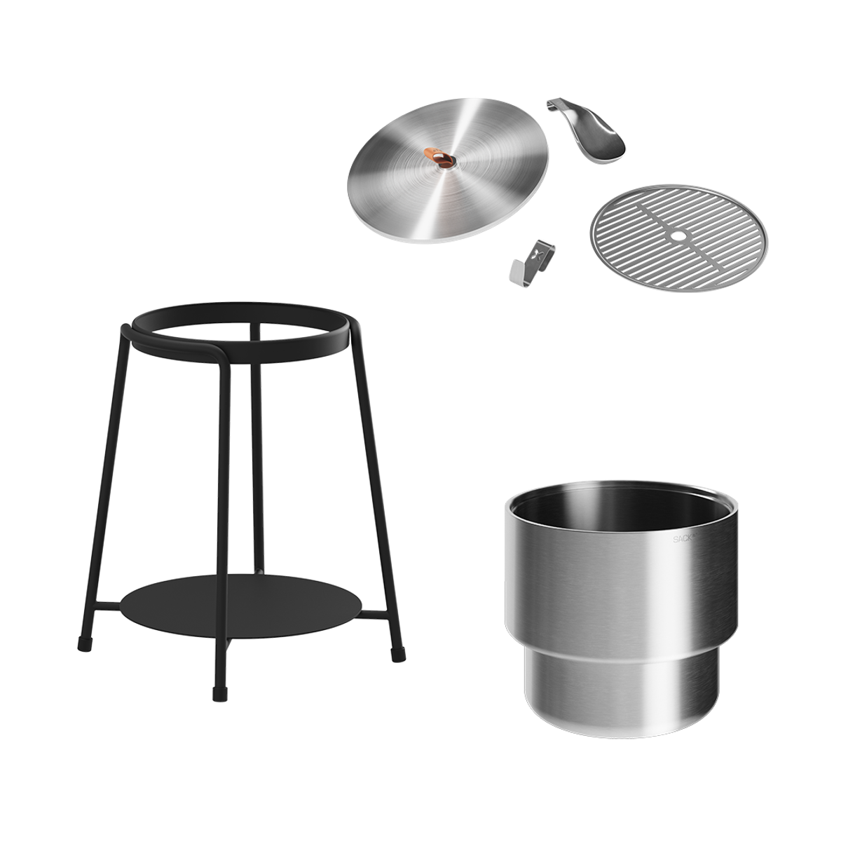 Black powder-coated stainless steel patio accessory stand with a stainless steel wine bucket and accessories.